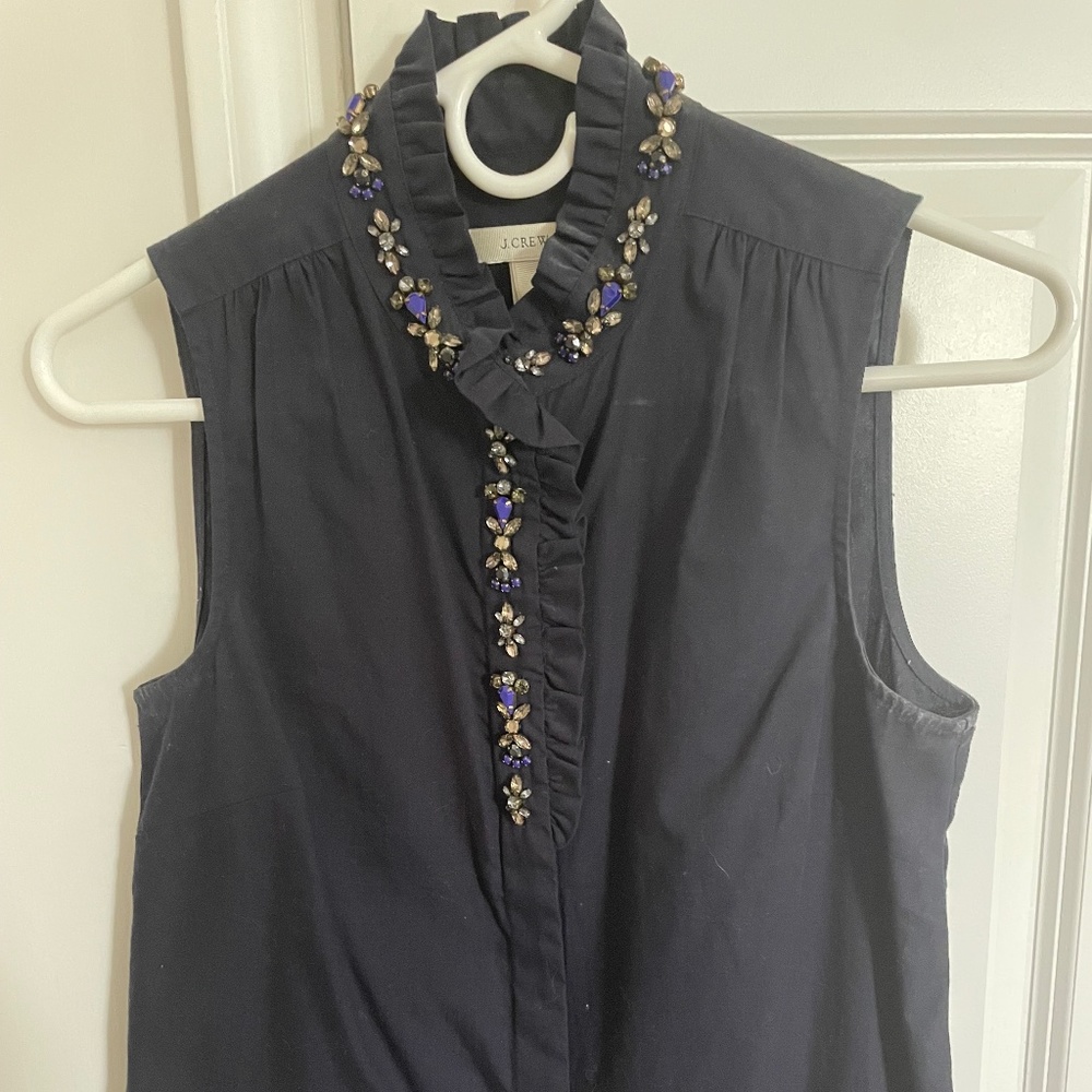 JCrew sleeveless ruffled collared top embellished with jewels